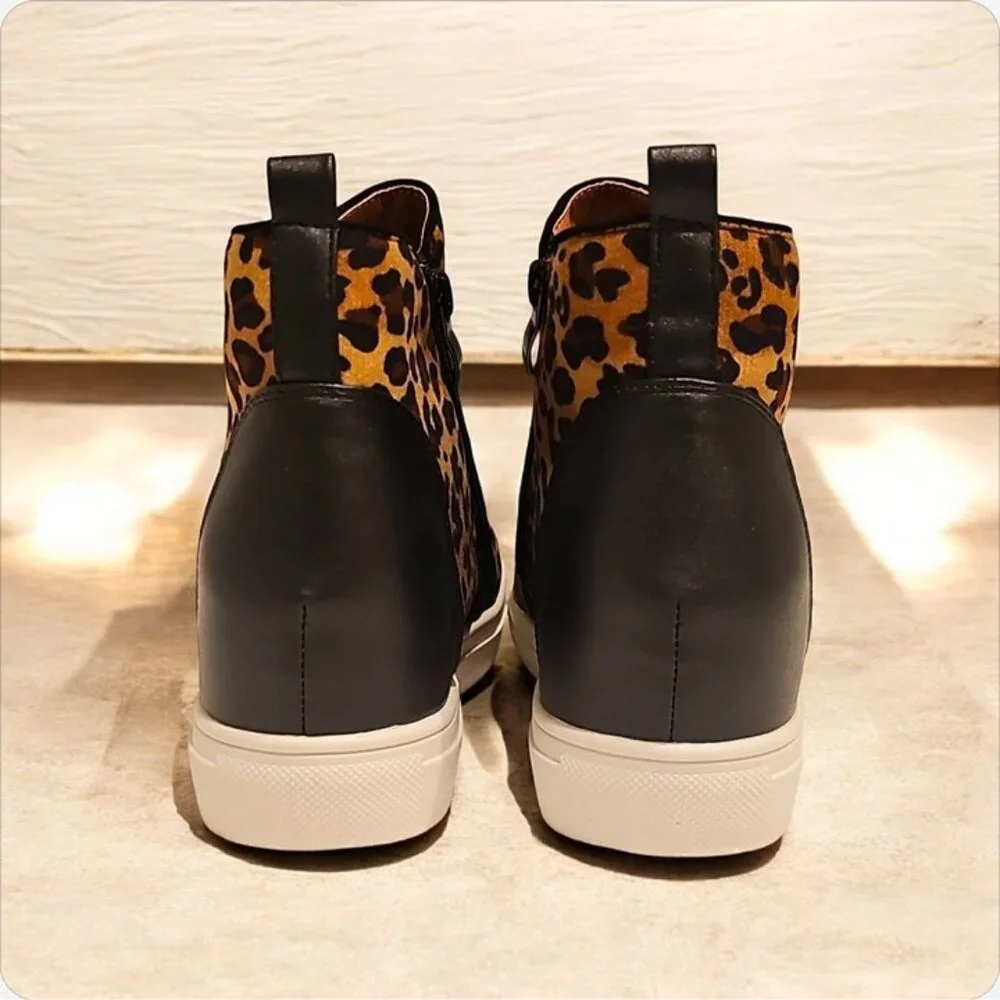 Leopard Print Side-Zip Wedge Sneakers For Women Faux Leather Upper Rubber Sole - Picture 9 of 10